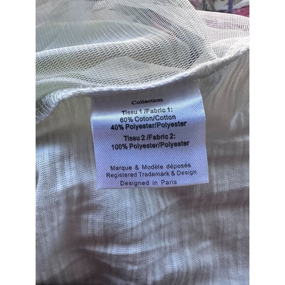 Tunic length 3/4 sleeve white top with colorful tiered front with floral fabric - Picture 3 of 6